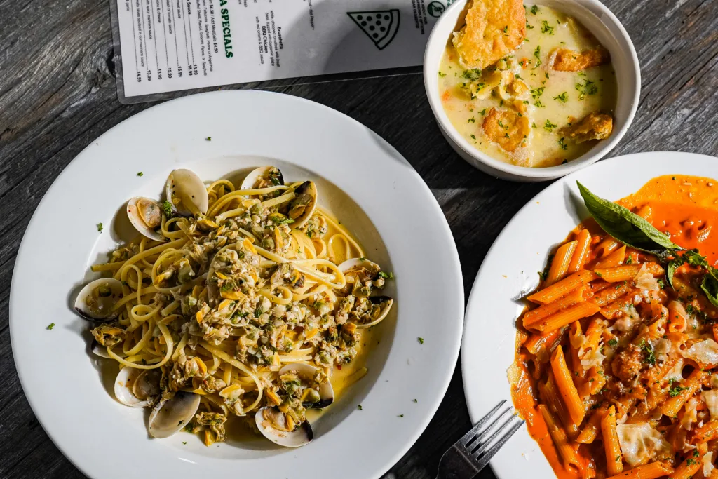 Overhead view of linguine with clams and herbs