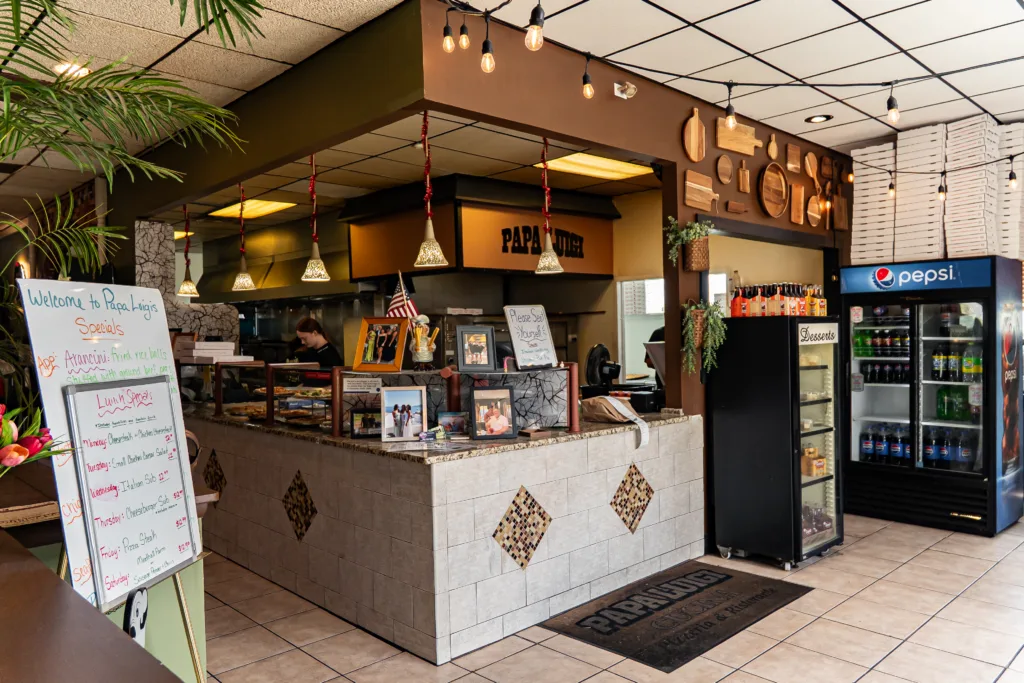 Papa Luigi's front counter and restaurant interior